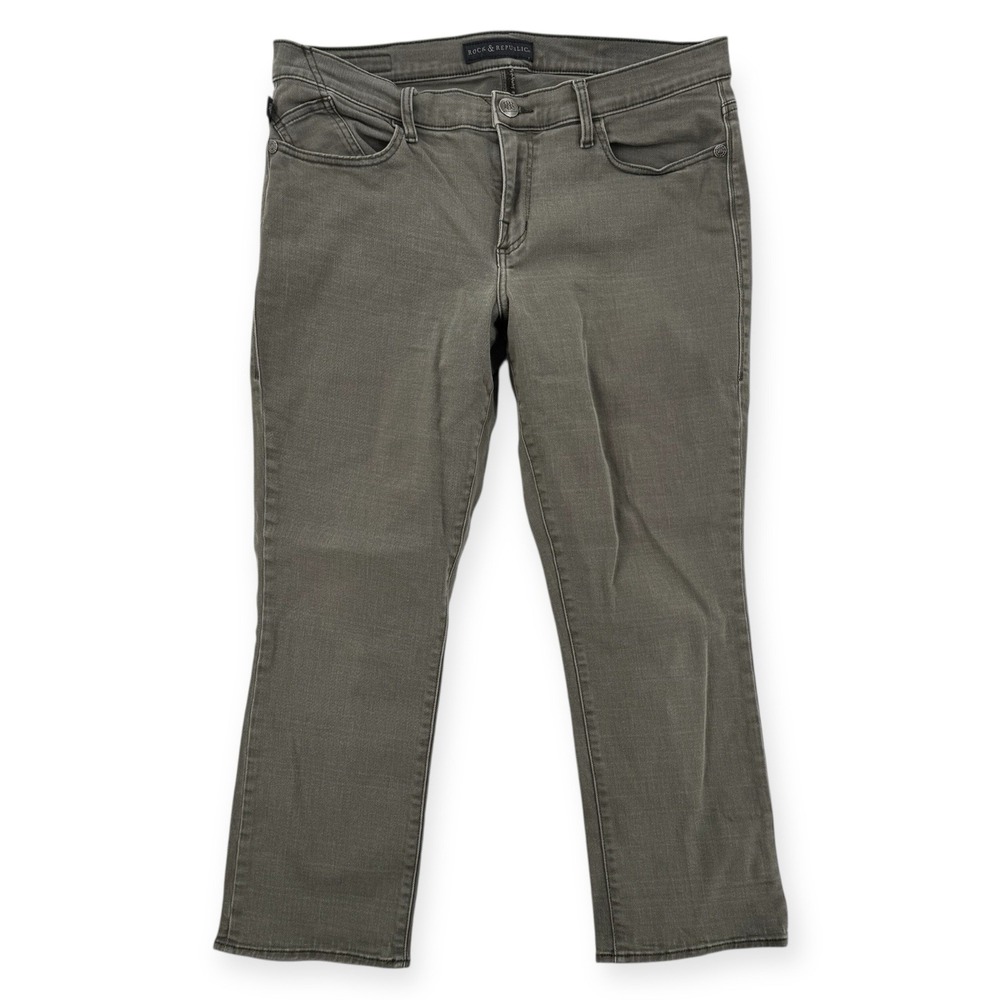 Rock & Republic Kendall Jeans Womens 16 Olive Gray Stretch Mid Rise Straight Leg